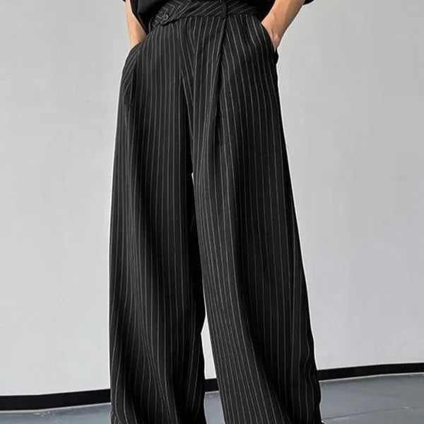 Black men's trousers with vertical stripes and front pleats on elastic bamboo fabric