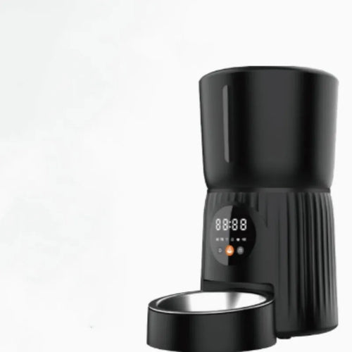 Automatic pet feeder with timer display and food storage compartment in black colour
