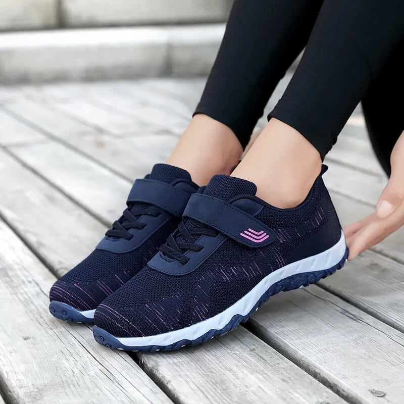 Women's wedge sole shoes with mesh upper and Velcro fastening in grey purple colour