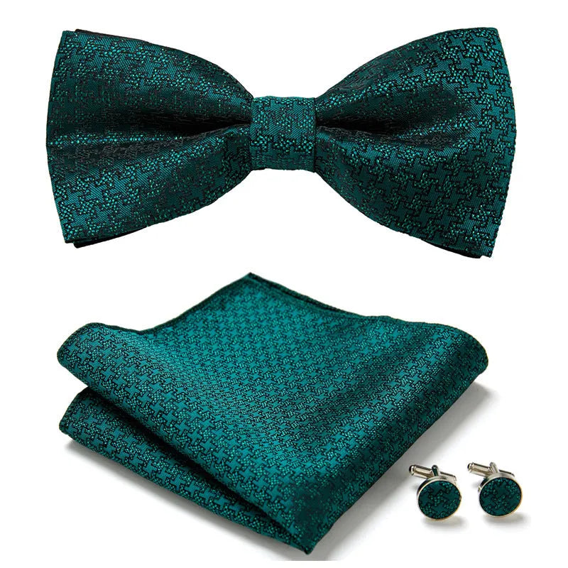 Floral Bow Tie Set of Three Pieces Polyester Yarn Hand-Sewn 12cm by 6cm Bow Tie with Matching Pocket Square 25x25cm and Cufflinks 1.5cm for Men's Formal Wedding and Party Accessories Multistyle Options