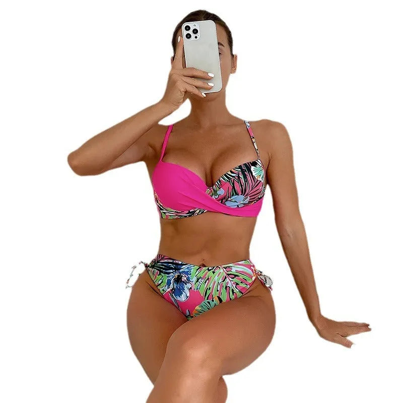 Women's polyester bikini set in leopard print and solid colours, sleeveless briefs style, sizes S to XL