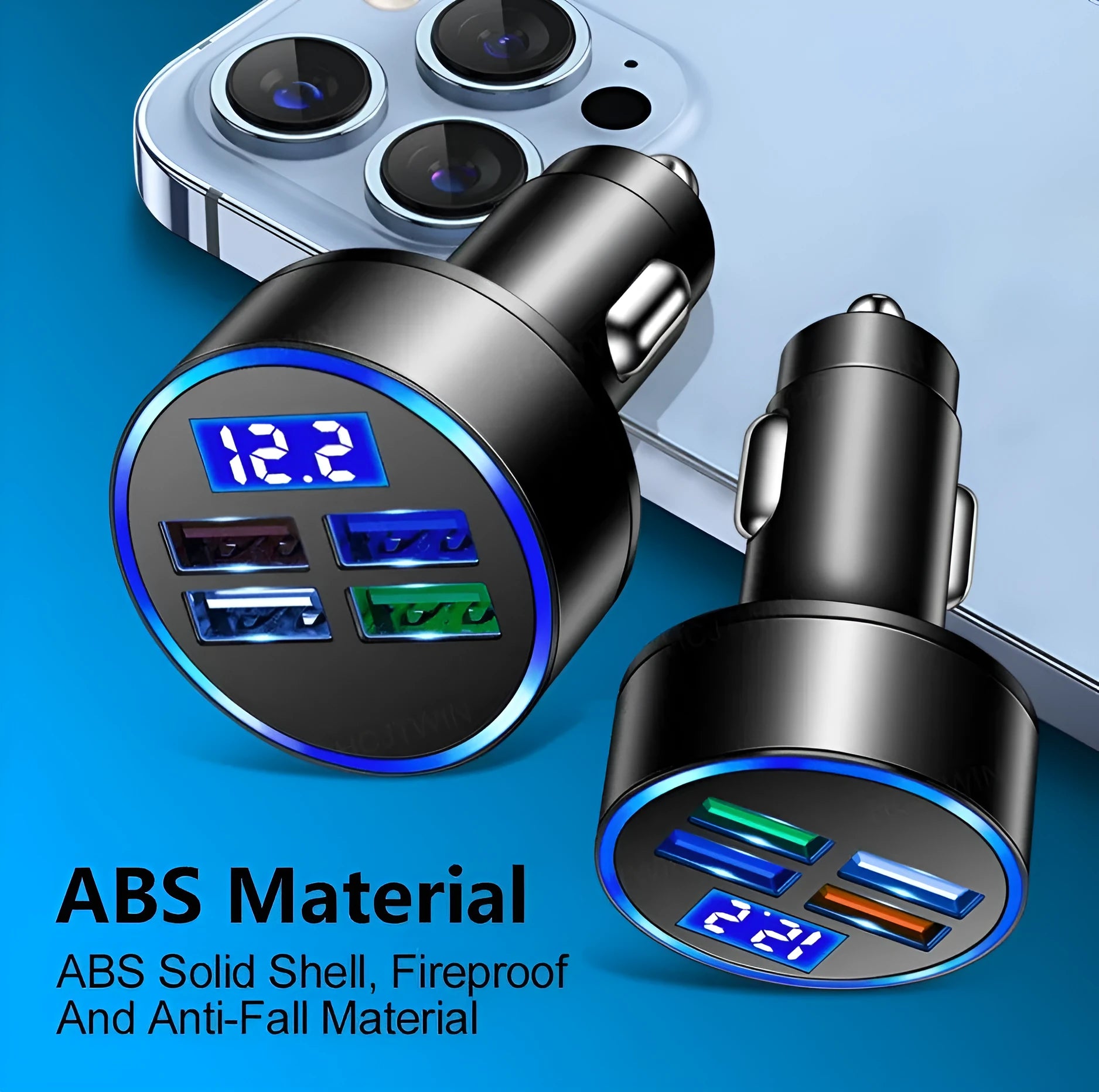 Black 4-port USB car charger with cigarette lighter connection for vehicle charging