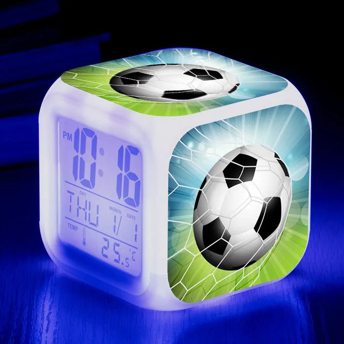 Football pattern digital alarm clock with cartoon design and mute alarm function