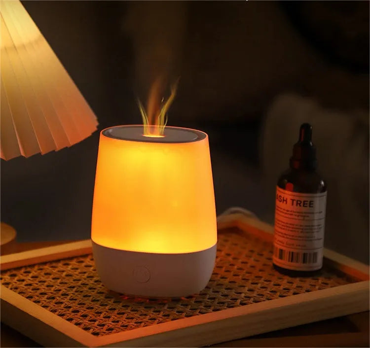 White USB aroma diffuser with simulated flame effect and water tank