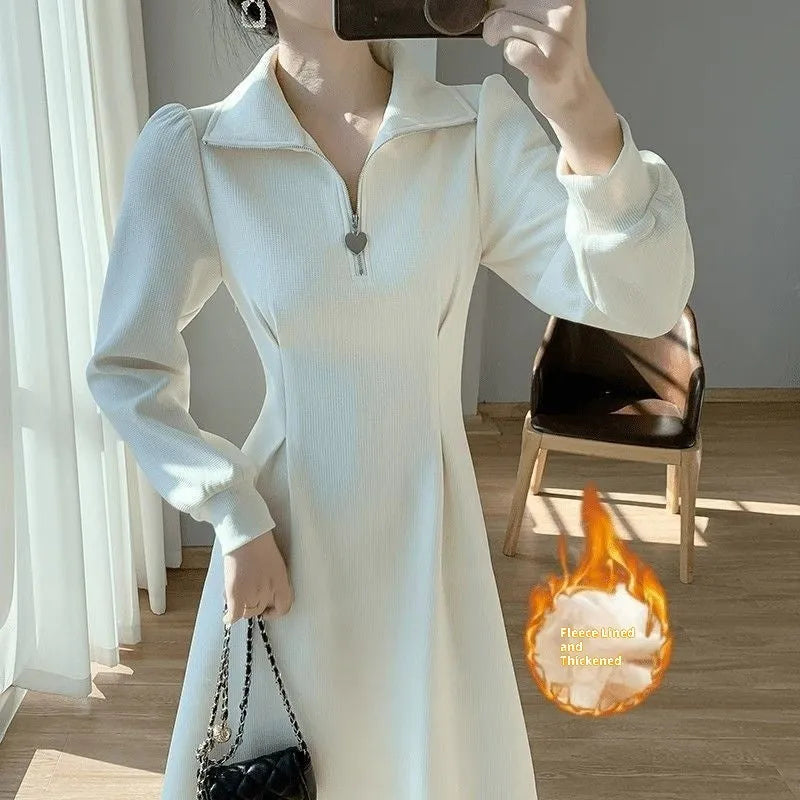 Women's waist-cinching slim fit long sleeve midi dress in beige with baby fleece, Japanese Korean casual style, polyester fabric, high waist, zipper closure