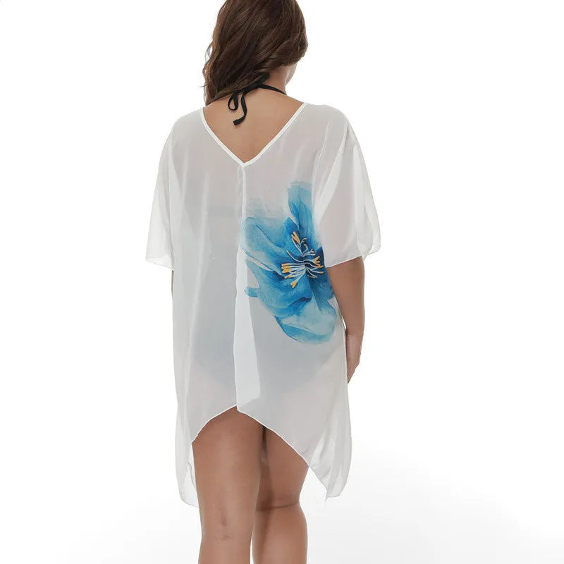 White plus size beach cover-up blouse for swimming and wading sun protection