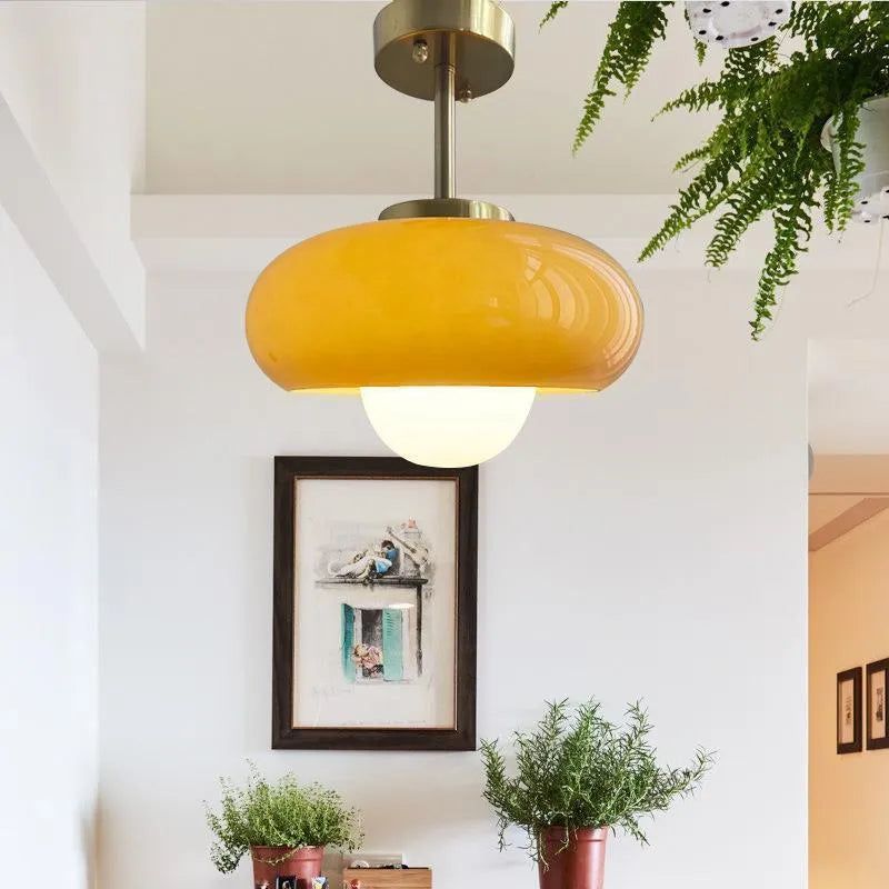 Milk white Bauhaus pendant light with three egg tart-shaped glass shades for bedroom or dining room