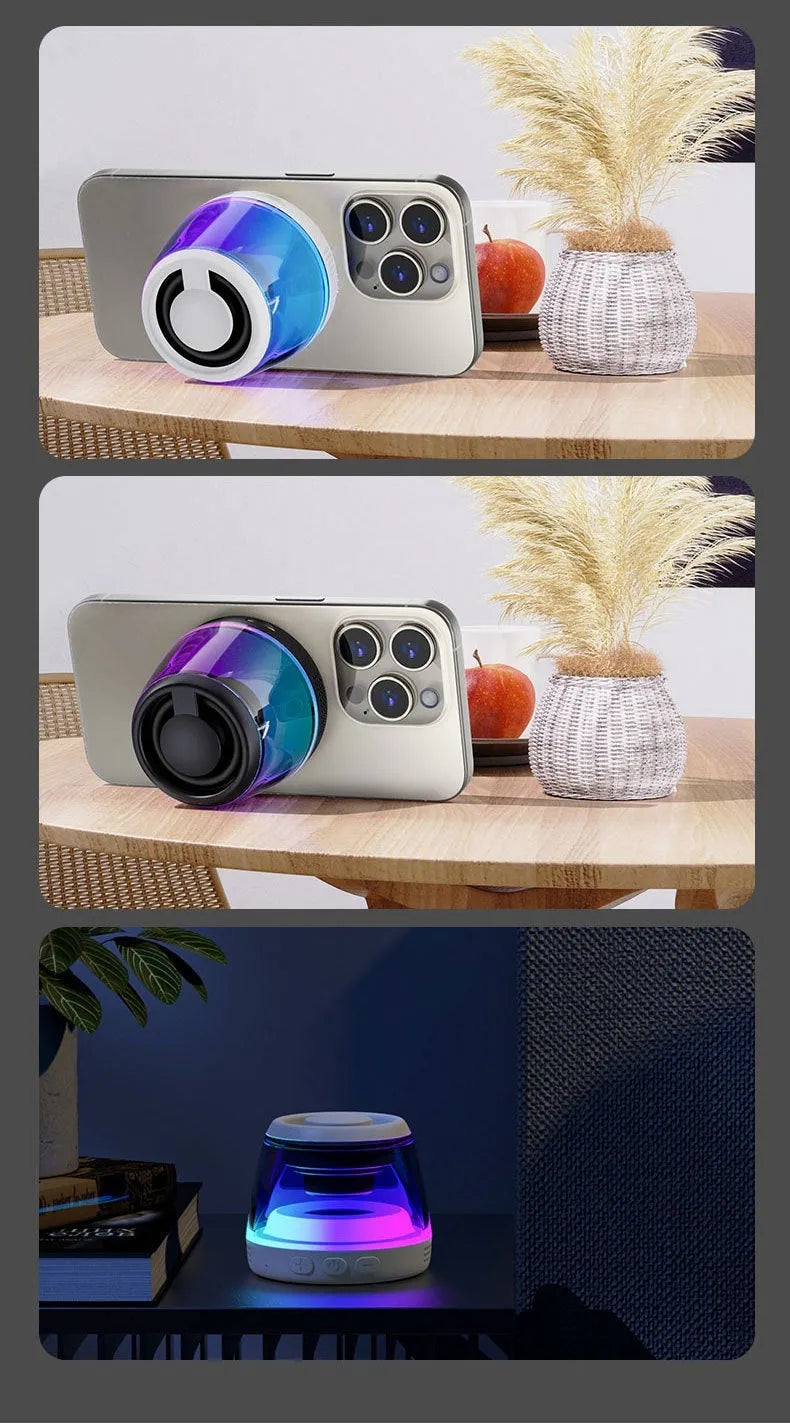 Portable white or black Bluetooth speaker with ambient lighting and magnetic design on a desktop