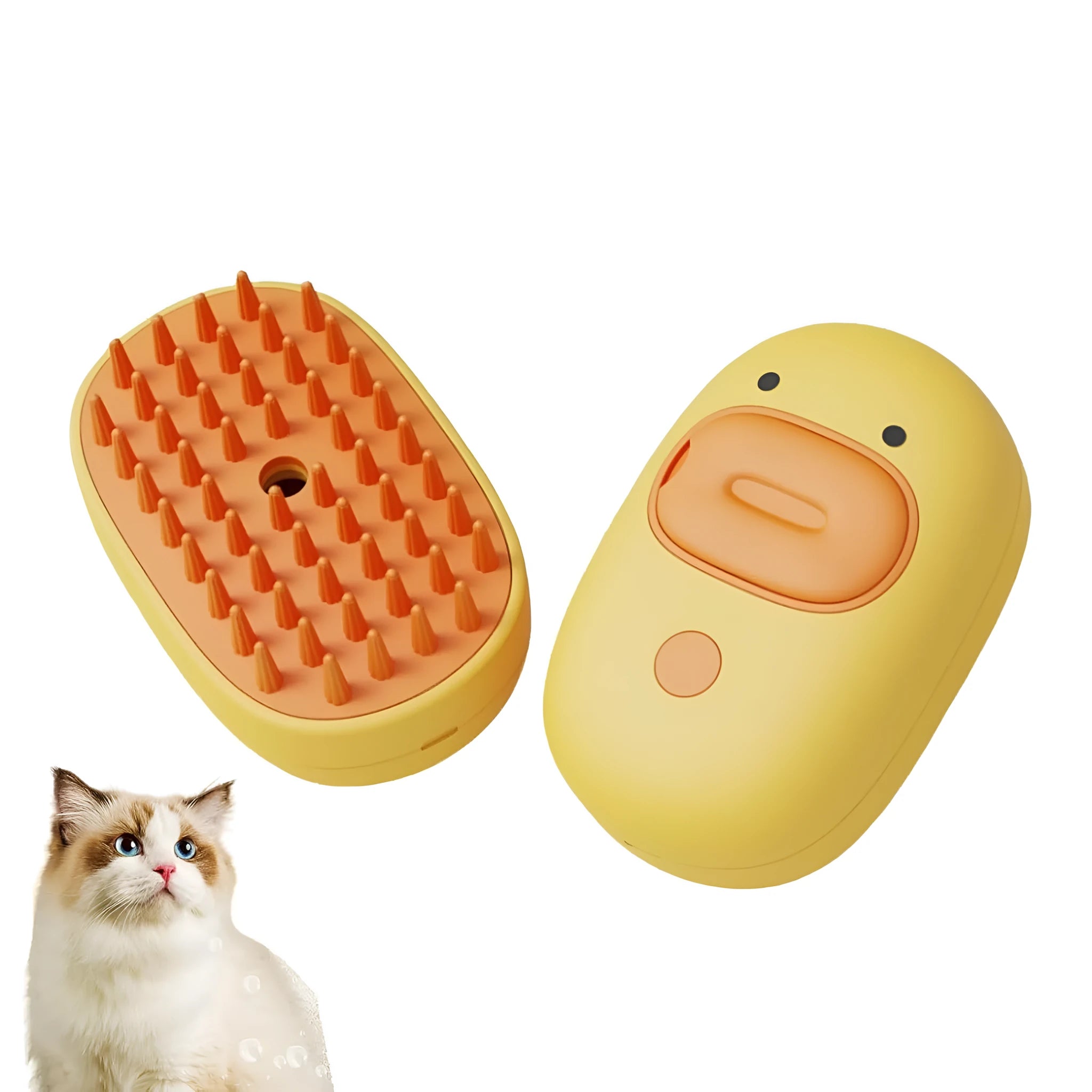 White or yellow pet steam brush with rubber comb teeth and rechargeable spray function
