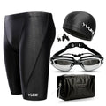 Men's black 5-piece waterproof swimming set including briefs trunks, anti-fog goggles, swimming cap, ear plugs with nose clip and carry bag
