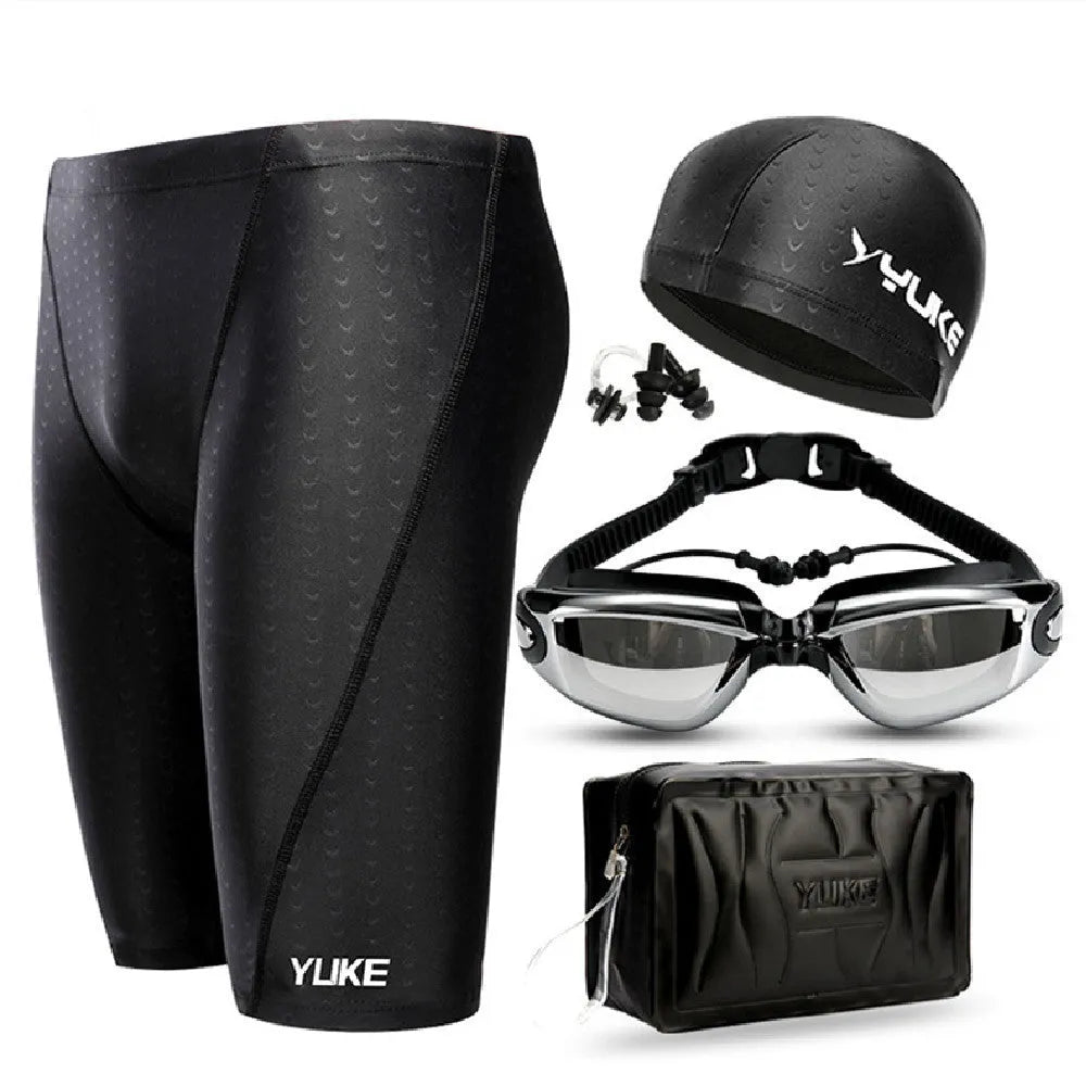 Men's black 5-piece waterproof swimming set including briefs trunks, anti-fog goggles, swimming cap, ear plugs with nose clip and carry bag