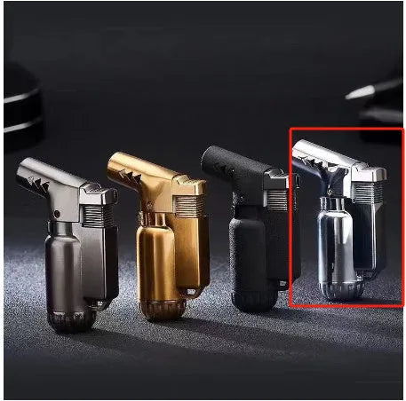 HB805-1 full metal windproof lighter in black, gold, grey, or silver finishes showing compact 72mm design