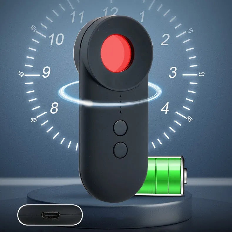 Black portable GPS and hidden camera signal detector showing compact size and Micro USB charging port.