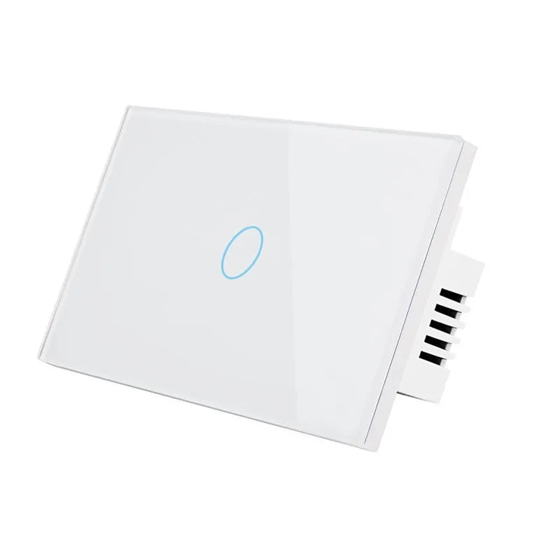 White 2-gang RF touch light switch with tempered glass panel and blue LED indicator.