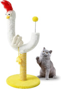 Yellow vertical cat scratching post with sisal wrapping, chicken strip design and spring ball attachment