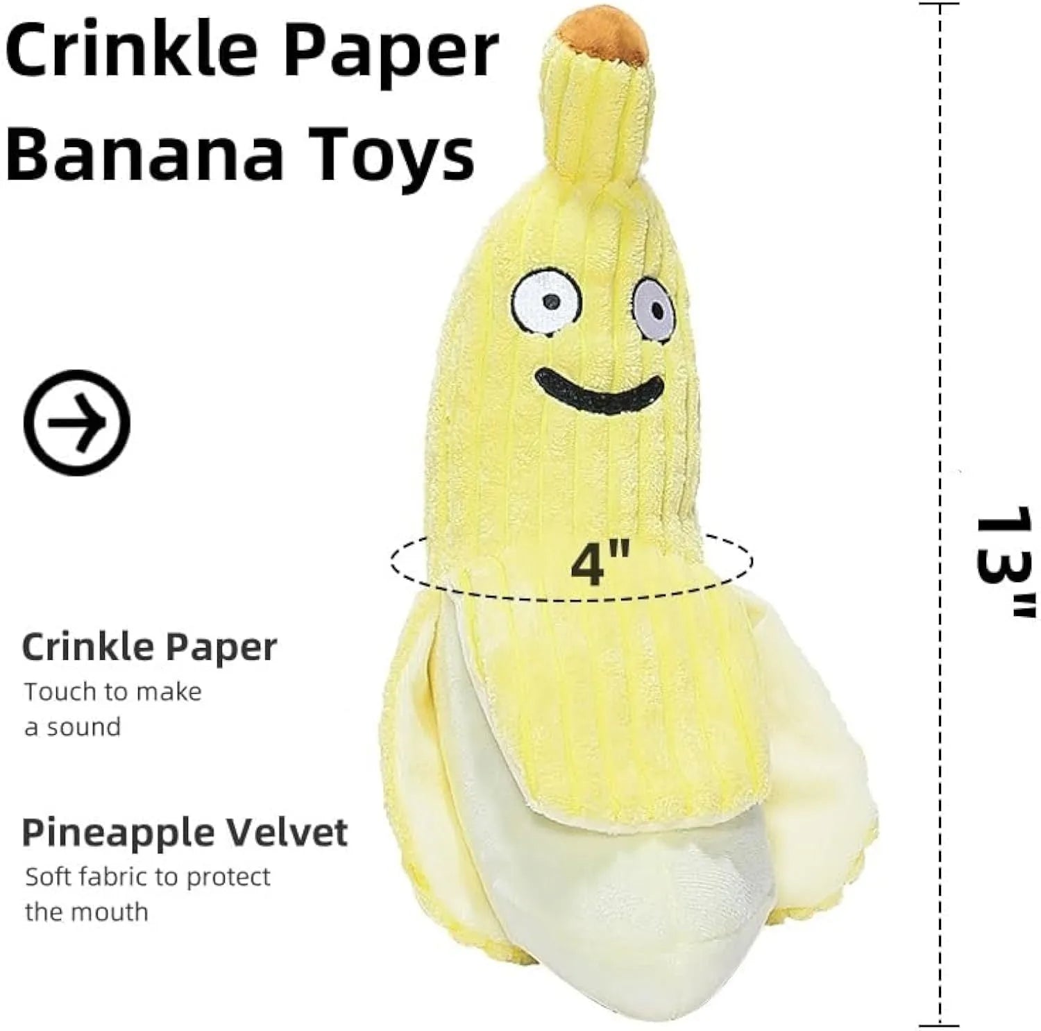 Yellow banana-shaped cat toy with crinkle paper and plush fabric for chewing and kicking