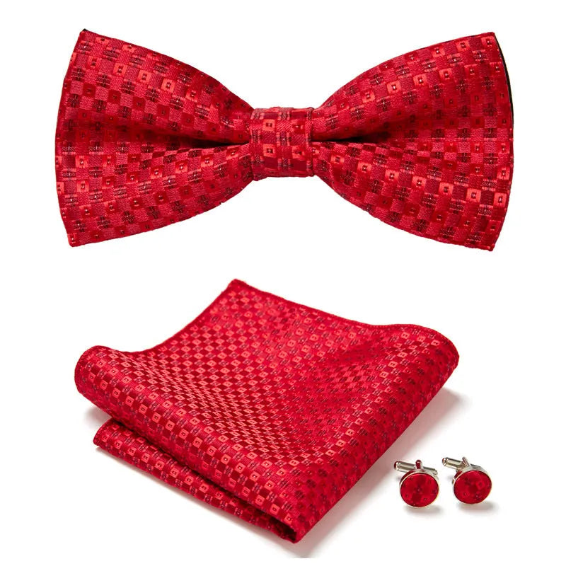 Floral Bow Tie Set of Three Pieces Polyester Yarn Hand-Sewn 12cm by 6cm Bow Tie with Matching Pocket Square 25x25cm and Cufflinks 1.5cm for Men's Formal Wedding and Party Accessories Multistyle Options