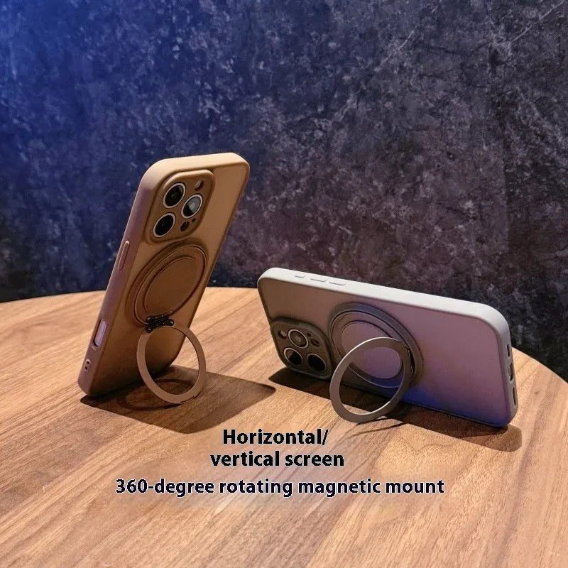 Magnetic suction pivot phone case for iPhone, black colour, with visible stand bracket and frosted finish