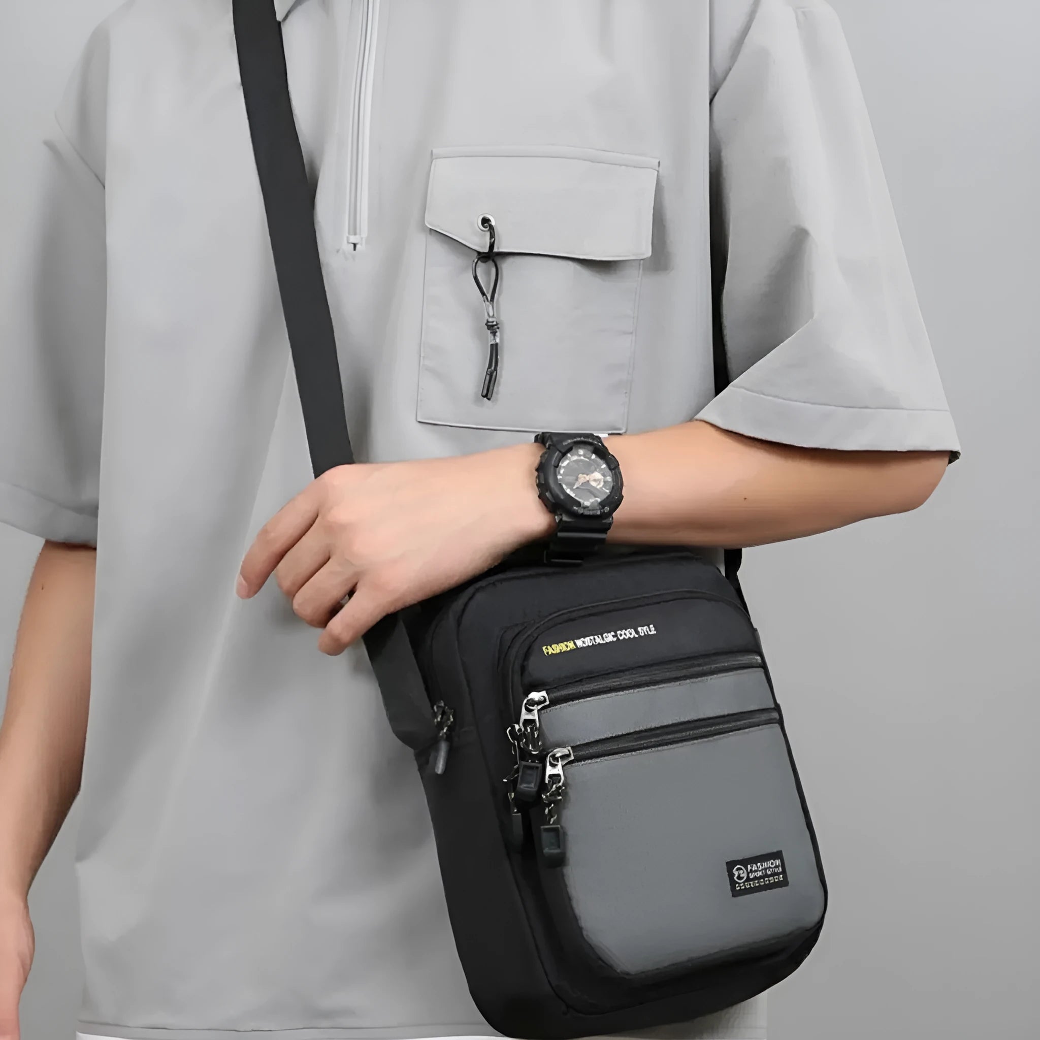 Men's waterproof nylon crossbody bag in solid colour with multiple compartments for outdoor and commuting use