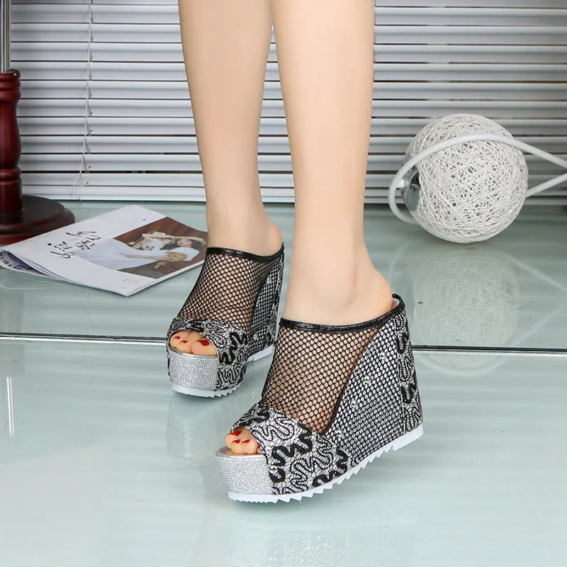 Korean platform flip-flops with hollowed-out heel and chunky waterproof sole in black, gold, and silver.