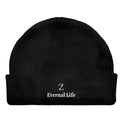 Letter embroidery black acrylic knit beanie on head top view round shape