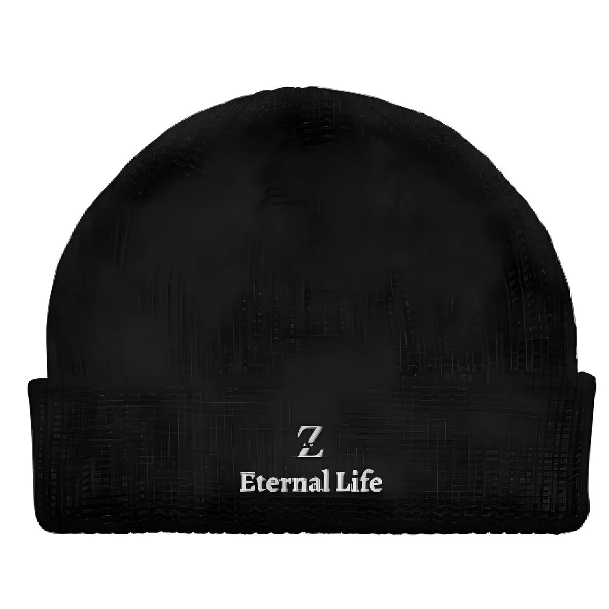 Letter embroidery black acrylic knit beanie on head top view round shape