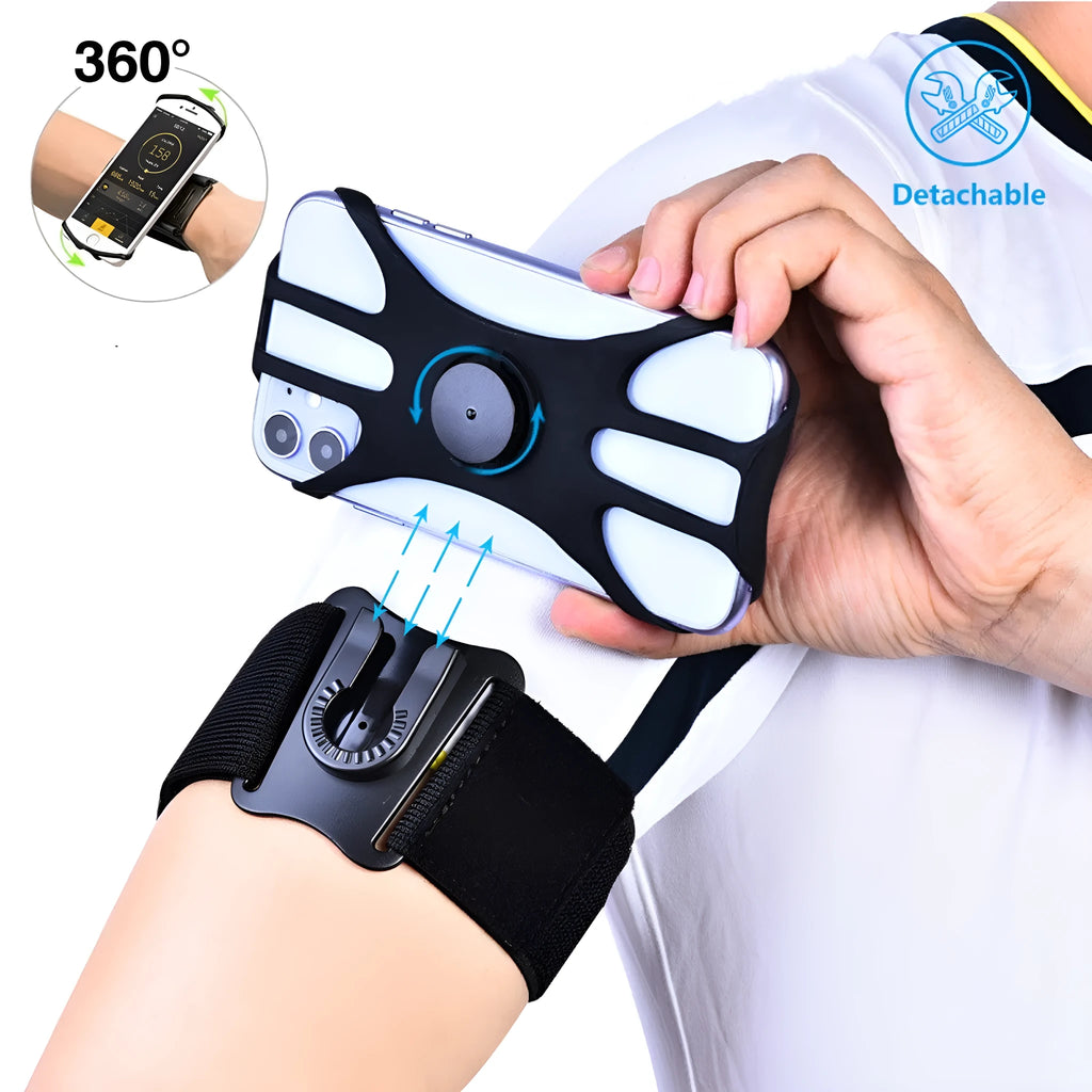 Black detachable swivel sports phone case with armband, wristband, and bicycle stand base on white background