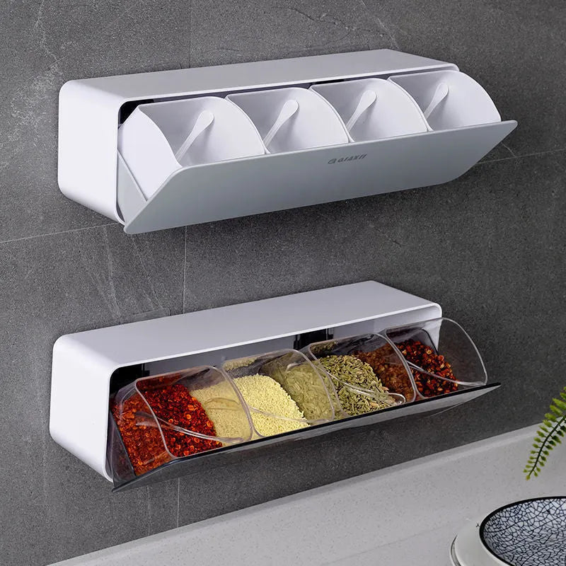 Plastic spice box set with spoon in blue, pink, grey, apricot or transparent moisture-proof and wall-mounted options