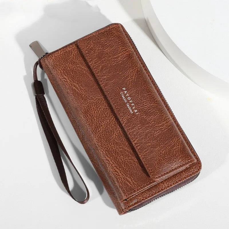Men's PU leather wallet with multiple card slots in black, brown, and coffee colours showing compact 19cm design