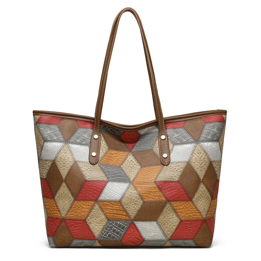 Women's large capacity PVC handbag in blue brown colour with sandwich pocket outer design