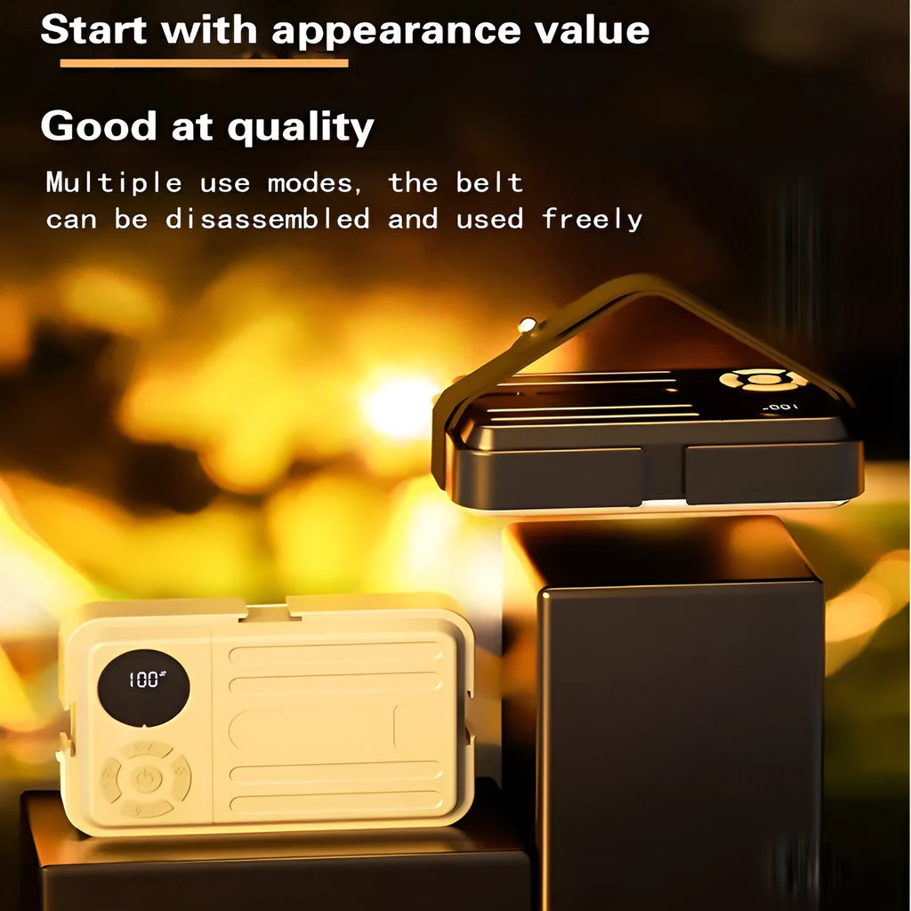 Black outdoor camp light with 10000mAh battery, 40 warm white and 40 white LEDs, IP63 waterproof, shown with hanging accessories.