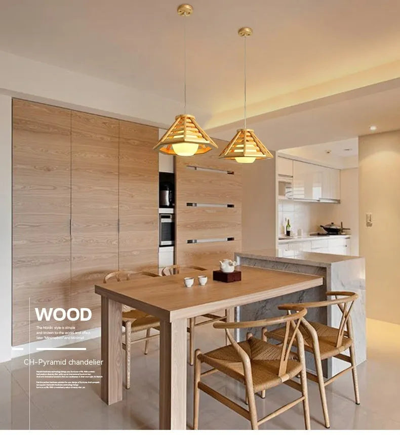bamboo woven woodcraft ceiling LED chandelier 50cm wood colour modern minimalist