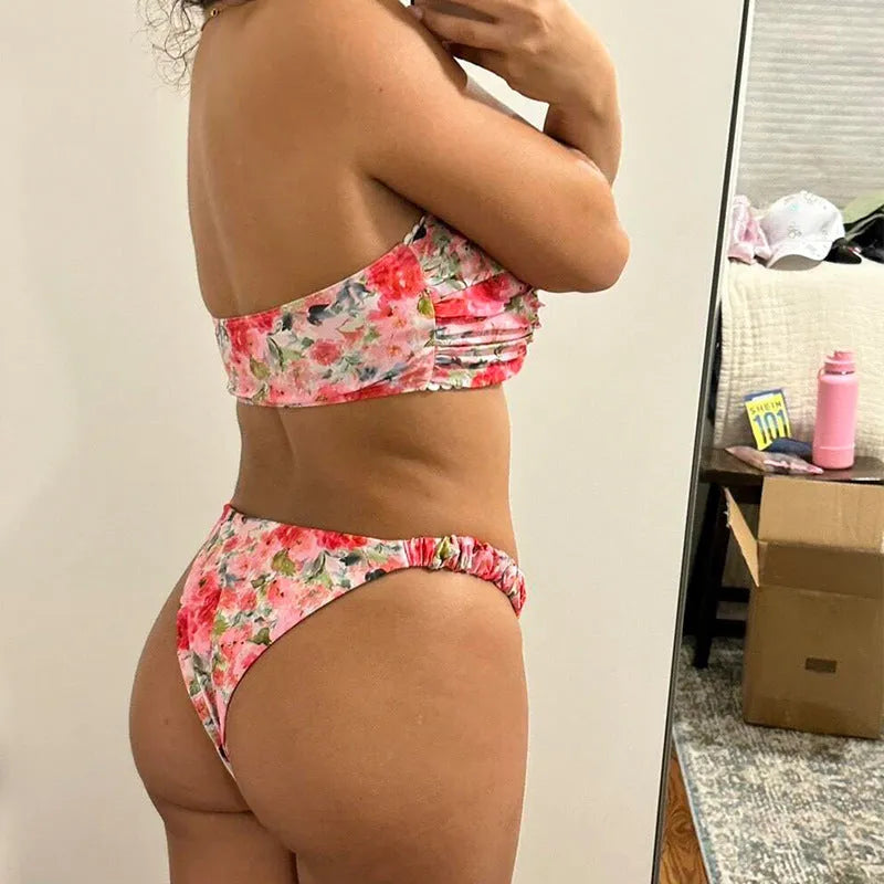 Women's floral printed bikini set with lace trim tube top and matching briefs