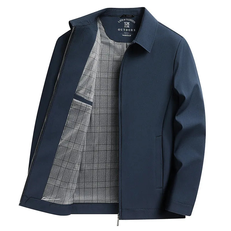 Men's solid colour polo collar casual jacket with side seam pockets in loose fit design