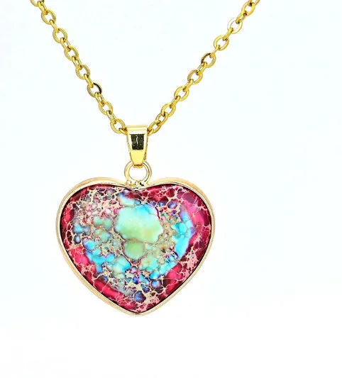 Heart-shaped emperor stone necklace with natural stone pendant in red and blue colour options, single necklace.