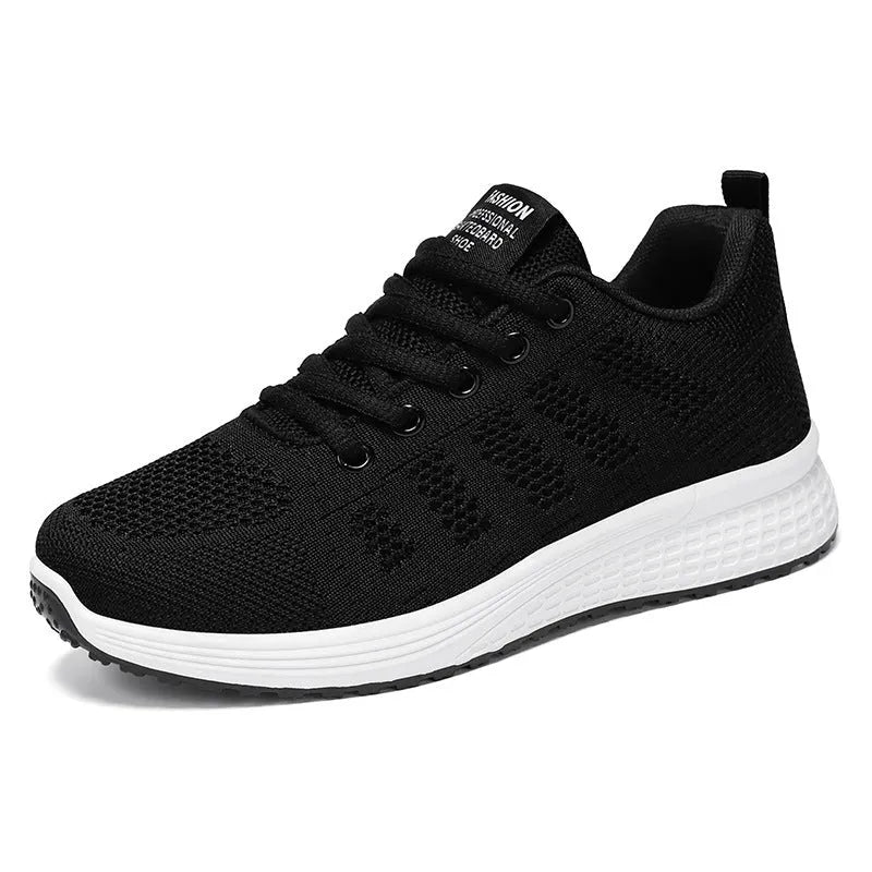 Women's flyknit running shoes in rose red with soft flat sole and round toe