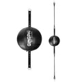 Black hanging boxing speed ball made of PU material for reaction training.