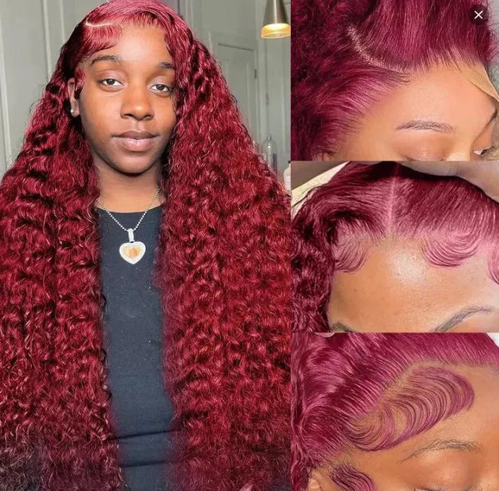 Women's front lace wig in long curly style with side bangs, small roll design, available in multiple colours and sizes