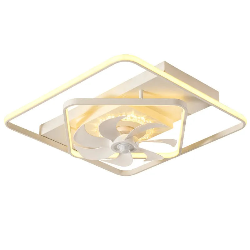 Modern ceiling fan with integrated light fitting, showing plastic blades and an acrylic lampshade.