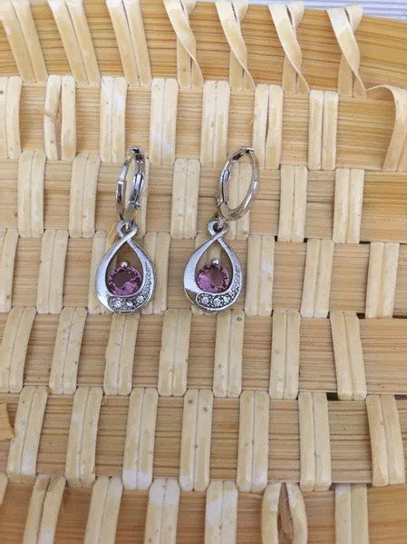 Copper water drop earrings with inlaid zircon, shown in white, yellow, red, purple, green, blue and pink