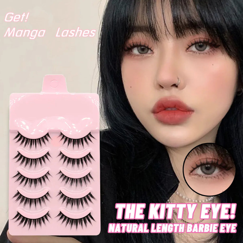Pack of manga style false eyelashes showing natural wispy designs on plastic black terriers for cosplay and Korean makeup.
