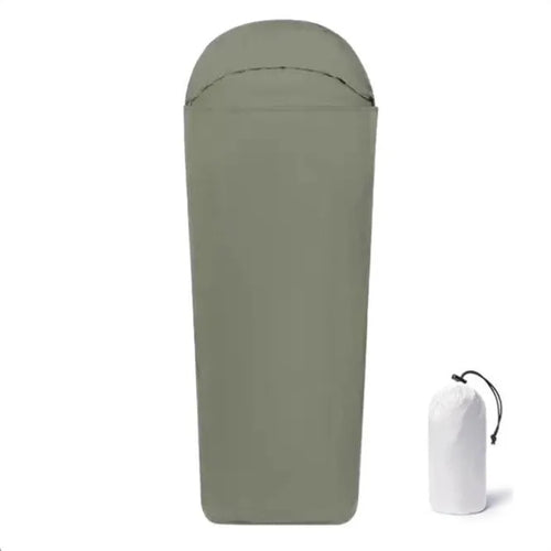 Adult blue nylon camping sleeping bag with mummy structure showing dimensions