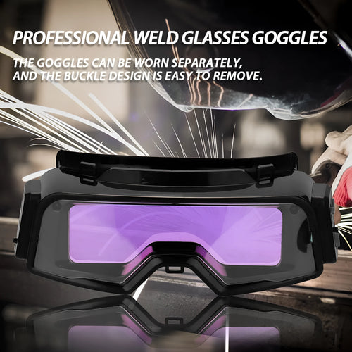 Black automatic darkening welding mask with large viewing lens and headstrap.