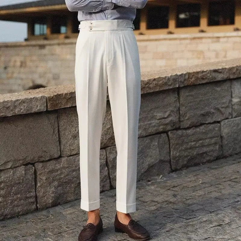 Slim fit straight leg suit trousers in a chemical fibre blend fabric for formal wear.