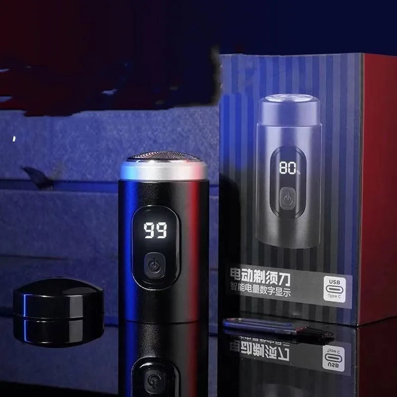 Black portable USB rechargeable shaver with LED display on a clean background.