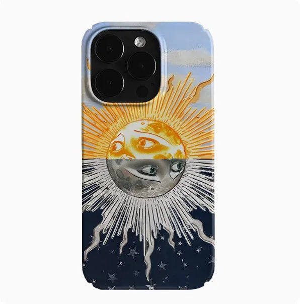 Sun moon alternating art phone case for iPhone 14, scratch-resistant hard shell cartoon style with glossy finish