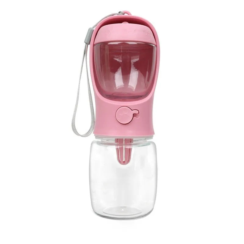 Portable dual-use dog water bottle with split grain cup design in blue, pink, or white colours