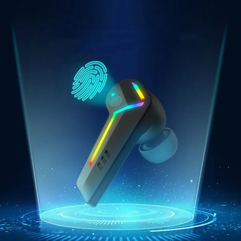 Black TWS Bluetooth sport headset with low latency for gaming and wireless calls.