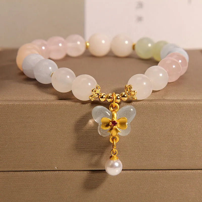 Women's adjustable crystal bracelet with colourful morganite butterfly pendant