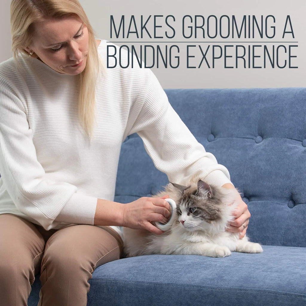 Blue plastic pet grooming comb with ergonomic handle for deshedding cats and dogs.